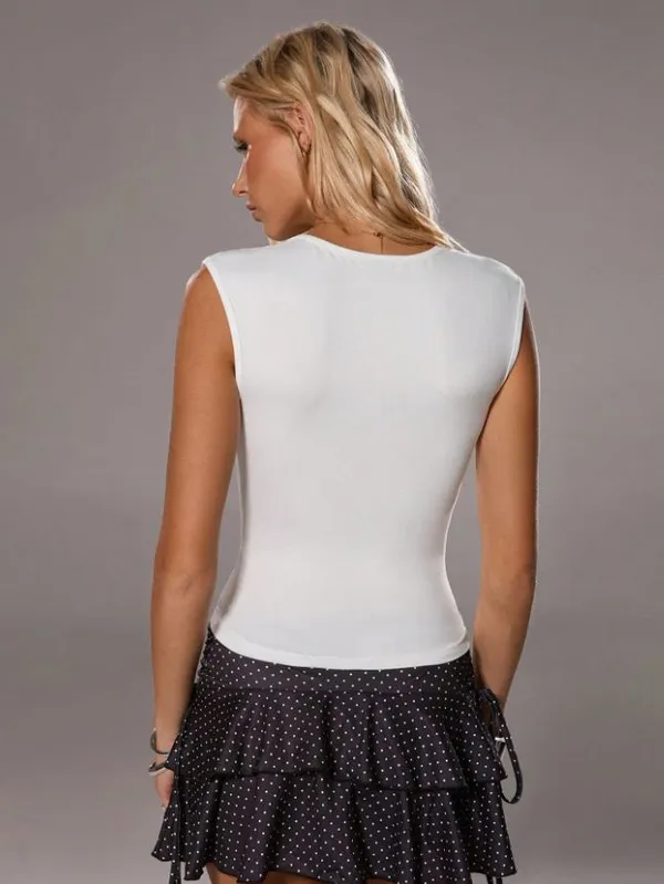 White_Cotton_Premium_Lycra_Deep_V-Neck_Sleeveless_Top_For_Women