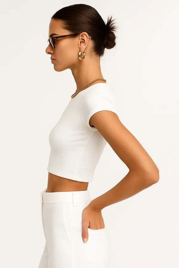 White_Cotton_Premium__Short_Sleeve_Crop_Top_For_Women