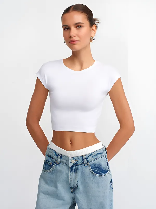 White_Cotton_Premium__Short_Sleeve_Crop_Top_For_Women