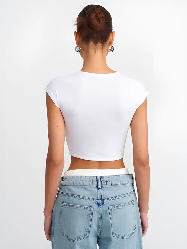 White_Cotton_Premium__Short_Sleeve_Crop_Top_For_Women