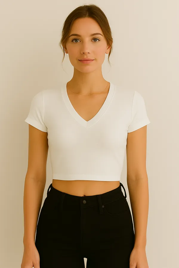 White_Cotton_Premium_Lycra_V-Neck_Crop_Top_For_Women