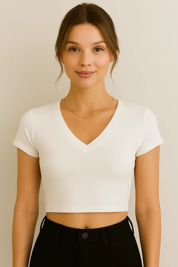 White_Cotton_Premium_Lycra_V-Neck_Crop_Top_For_Women