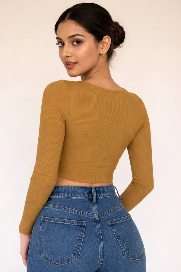 Women_Brown_Ribbed_Long_Sleeve_Top