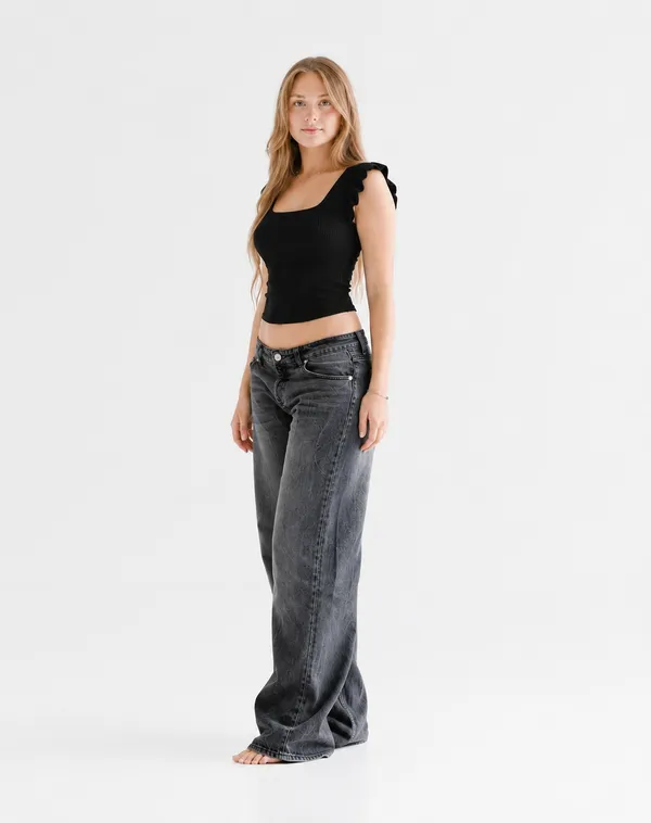 Black_Cotton_Premium__Blend_Ribbed_Premium_Top_With_Ruffled_Sleeves_For_Women