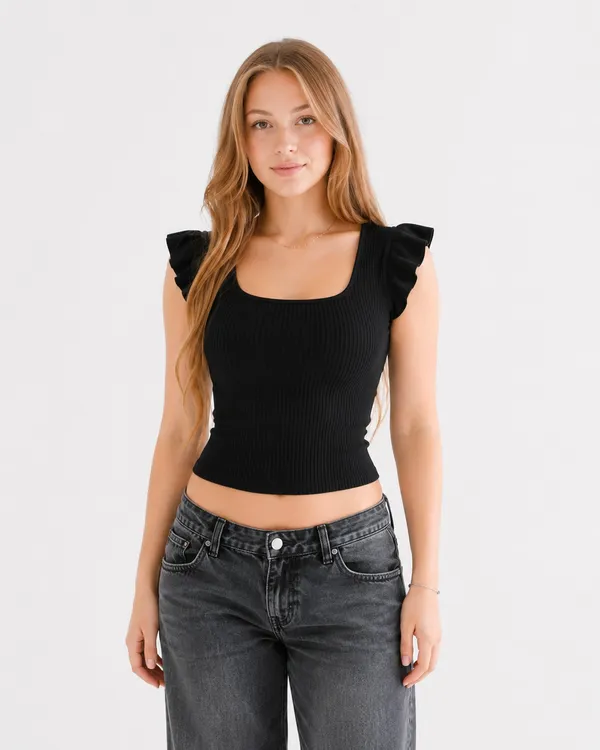 Black_Cotton_Premium__Blend_Ribbed_Premium_Top_With_Ruffled_Sleeves_For_Women