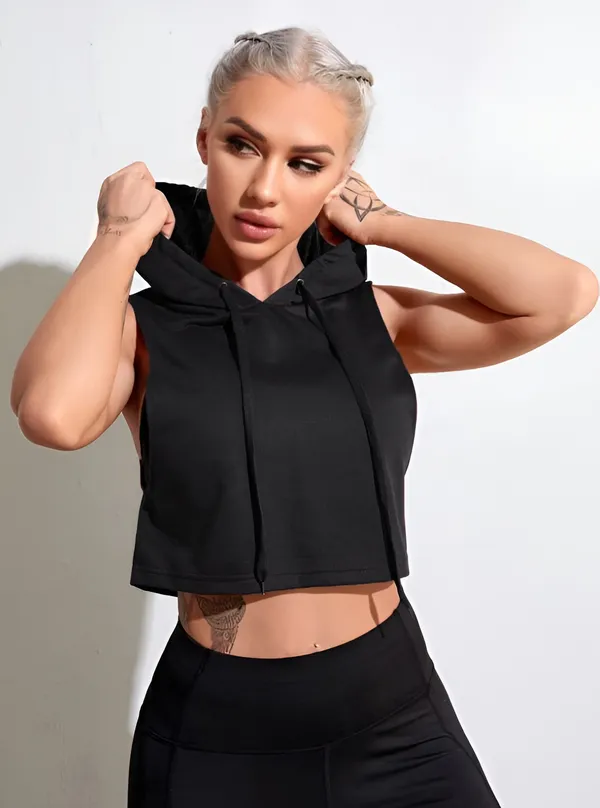 Black_Premium_Nylon_Sleeveless_Cropped_Hoodie_Tank_Top_For_Women