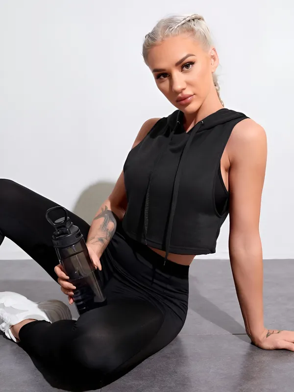 Black_Premium_Nylon_Sleeveless_Cropped_Hoodie_Tank_Top_For_Women