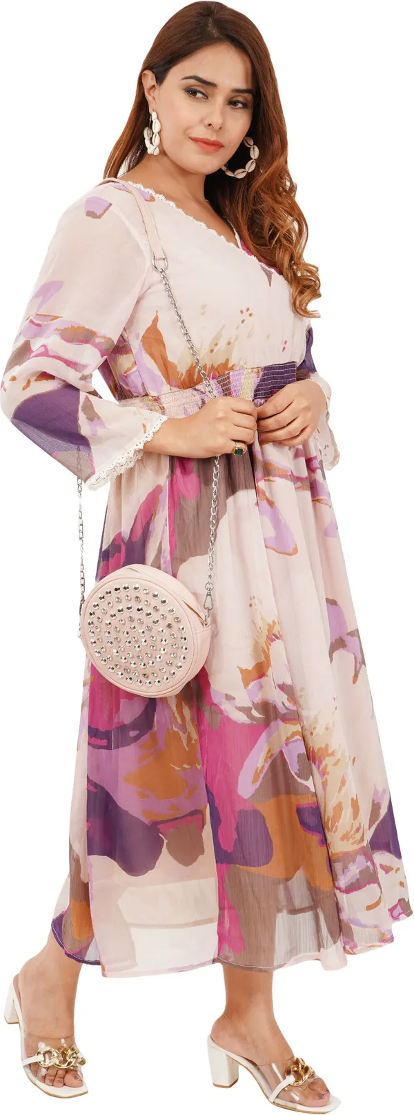 Pink_&_Purple_Premium_Chiffon_Printed_Cinched_Waist_Dress_For_Women