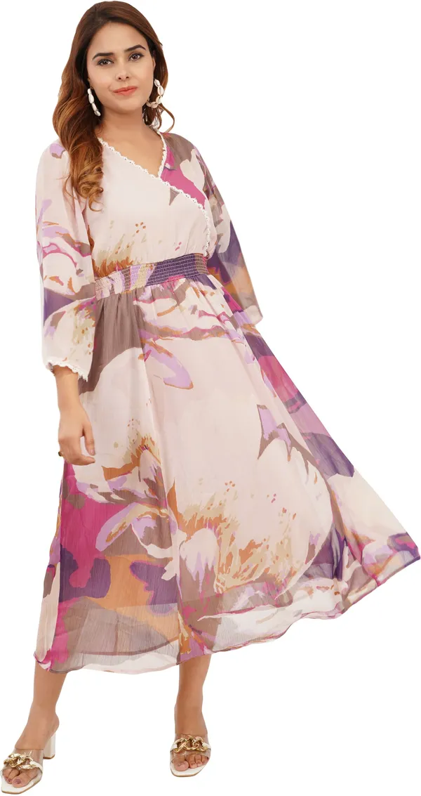 Pink_&_Purple_Premium_Chiffon_Printed_Cinched_Waist_Dress_For_Women
