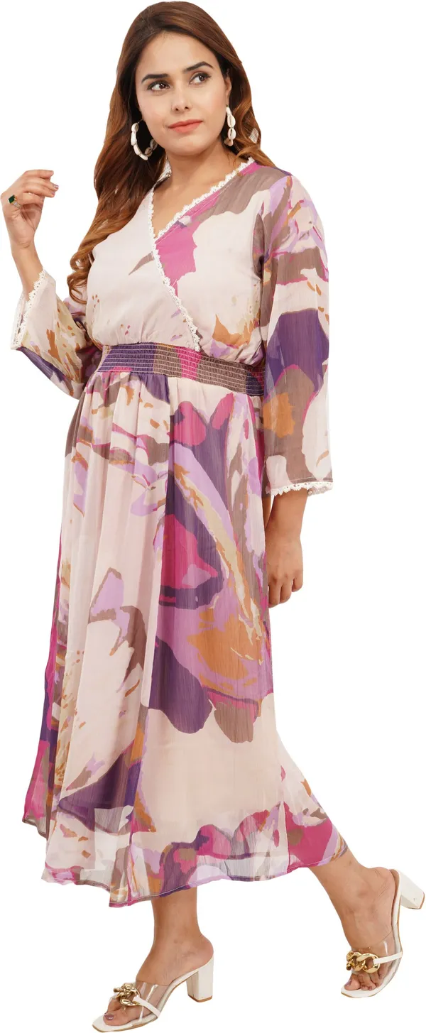 Pink_&_Purple_Premium_Chiffon_Printed_Cinched_Waist_Dress_For_Women