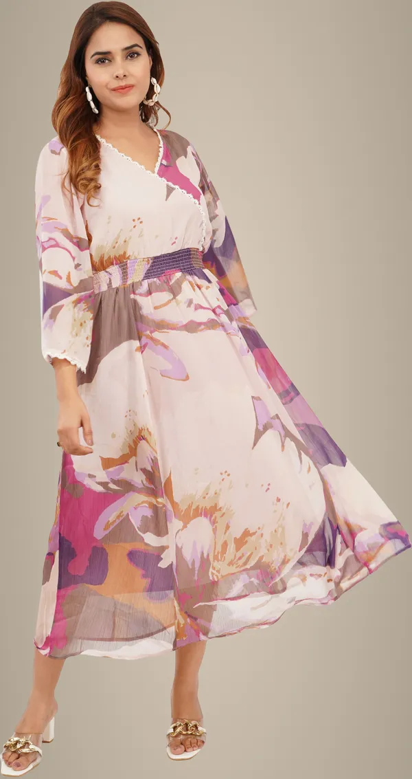 Pink_&_Purple_Premium_Chiffon_Printed_Cinched_Waist_Dress_For_Women