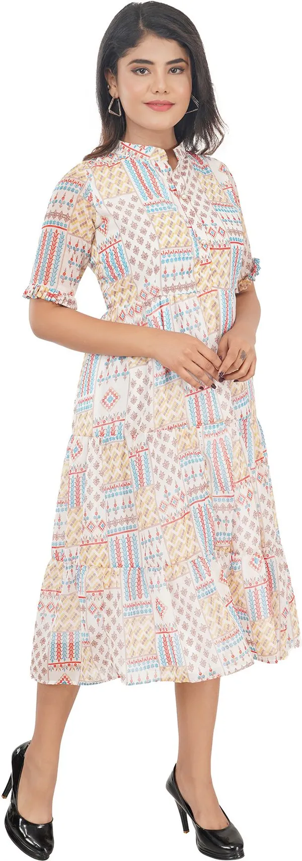 White_Premium_Georgette_Printed_Fit_And_Flare_Dress_For_Women