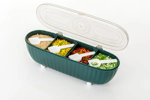 Airtight_Food_Storage_Organizer_Box_|_4-Grid_Multipurpose_Container_with_4_Spoons_|_Plastic-Freezer_Safe_Masala_Dabba_for_Spices,_Pickle,_Dry_Fruits,_Snacks_&_Groceries_–_Green_(Pack_of_1)