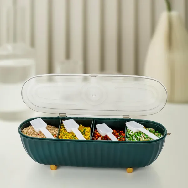 Airtight_Food_Storage_Organizer_Box_|_4-Grid_Multipurpose_Container_with_4_Spoons_|_Plastic-Freezer_Safe_Masala_Dabba_for_Spices,_Pickle,_Dry_Fruits,_Snacks_&_Groceries_–_Green_(Pack_of_1)