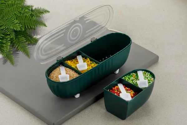 Airtight_Food_Storage_Organizer_Box_|_4-Grid_Multipurpose_Container_with_4_Spoons_|_Plastic-Freezer_Safe_Masala_Dabba_for_Spices,_Pickle,_Dry_Fruits,_Snacks_&_Groceries_–_Green_(Pack_of_1)