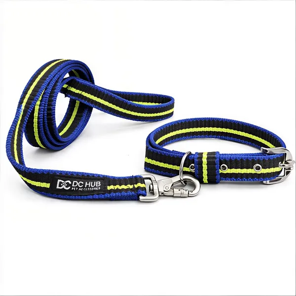 Strong_Polyester_Dog_Leash_&_Collar_Set_|_China_Imported_Heavy_Hook_|_Blue_&_Green_Striped_|_Durable_for_Medium_&_Large_Dogs”