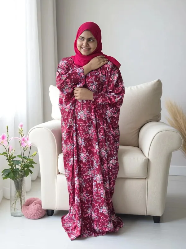 Maroon_Cotton_Blend_Floral_Print_Abaya_For_Women