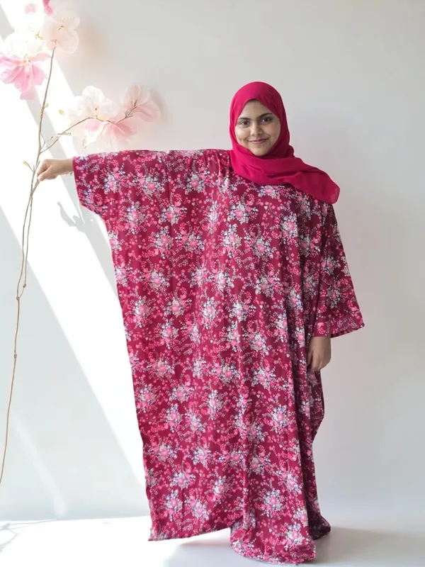 Maroon_Cotton_Blend_Floral_Print_Abaya_For_Women