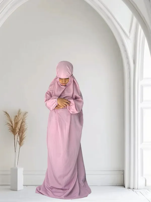 Pink_Crepe_Solid_Abaya_With_Hijab_For_Baby_Girls