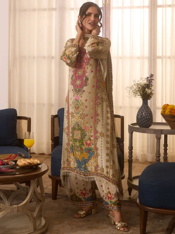 Brown_Pink_Green_Floral_Silk_Crepe_C-Cut_Kurta_Palazzo_Set