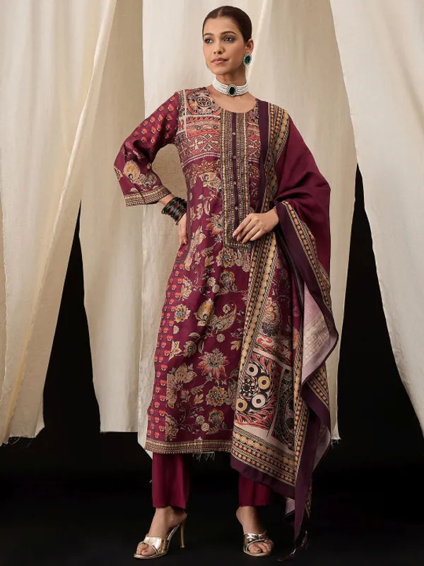Magenta_Beige_Silk_Blend_Printed_Kurta_Trouser_Dupatta_Set