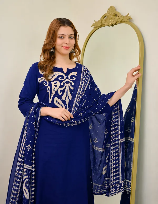 Royal_Blue_Women_Cotton_Kalamkari_Print_Kurta_Set_with_Dupatta