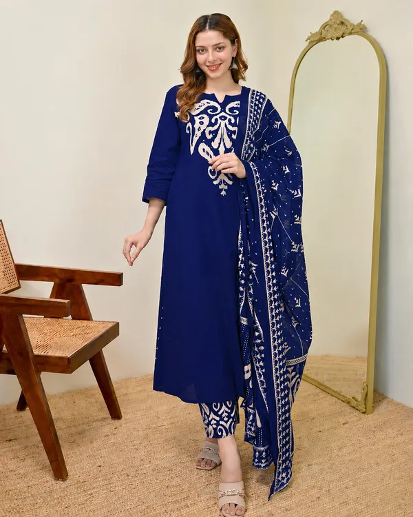 Royal_Blue_Women_Cotton_Kalamkari_Print_Kurta_Set_with_Dupatta