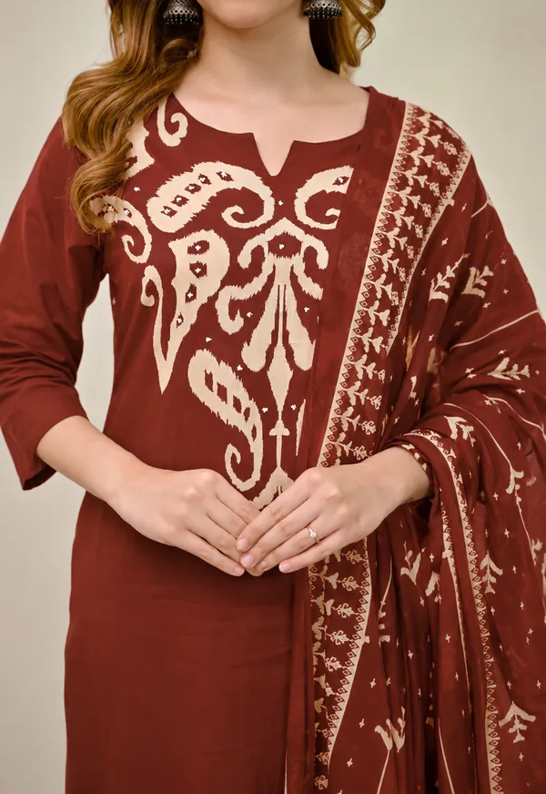 Rust_Brown_Cotton_Kalamkari_Print_Kurta_Set_with_Dupatta_for_Women