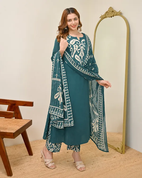 Teal_Green_Women_Cotton_Kalamkari_Print_Kurta_Set_with_Dupatta