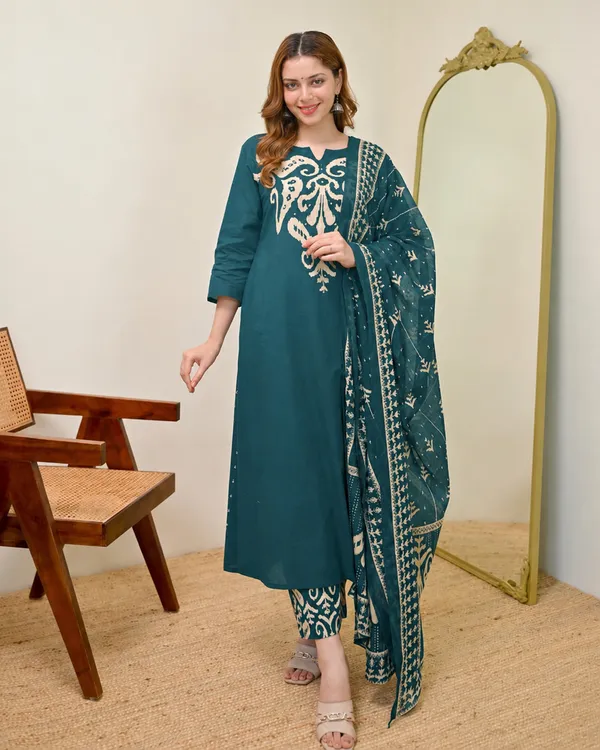 Teal_Green_Women_Cotton_Kalamkari_Print_Kurta_Set_with_Dupatta
