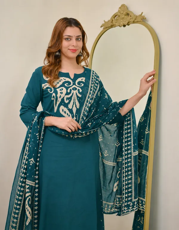 Teal_Green_Women_Cotton_Kalamkari_Print_Kurta_Set_with_Dupatta