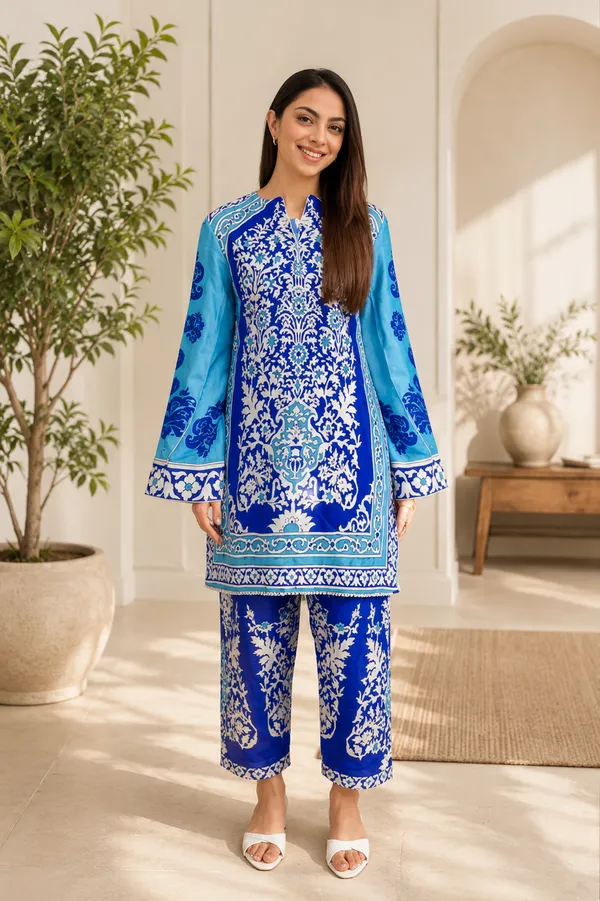 Blue_Floral_Printed_Silk_Blend_Kurta_Wide_Leg_Pant_Set