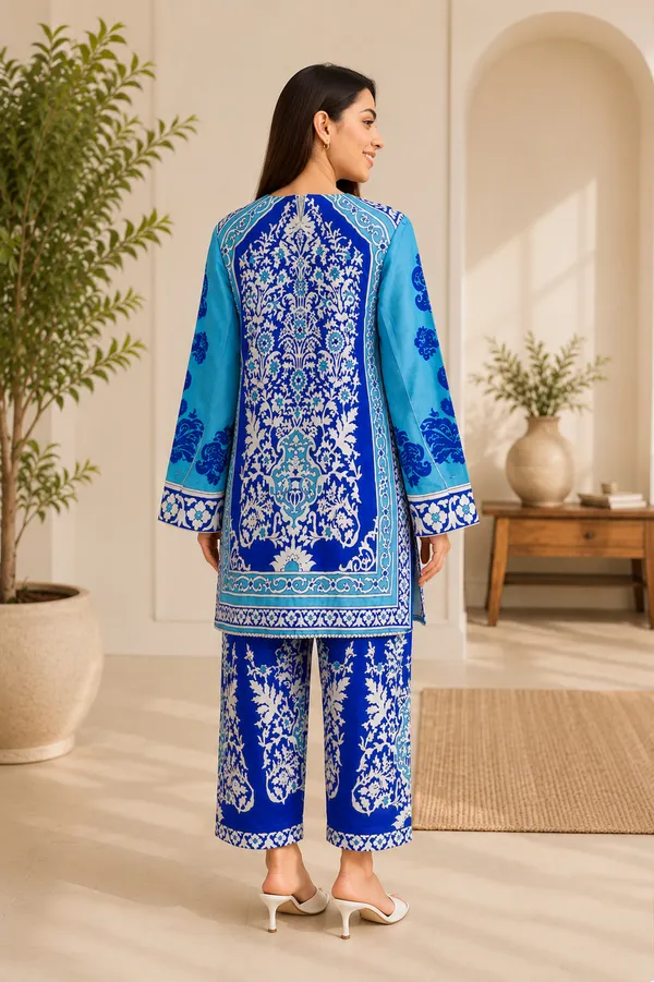 Blue_Floral_Printed_Silk_Blend_Kurta_Wide_Leg_Pant_Set