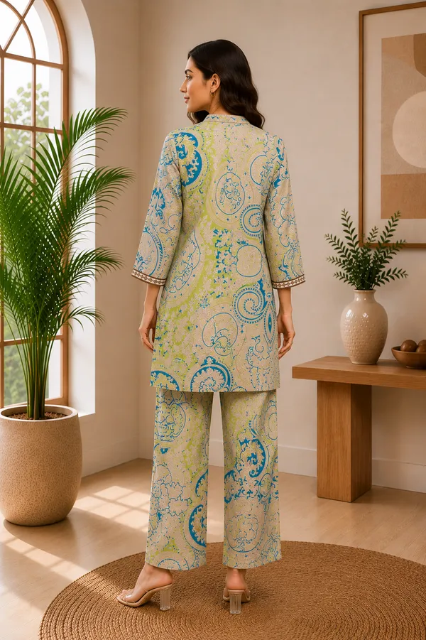 Gold_Blue_Paisley_Printed_Silk_Blend_Co-Ord_Set_for_Women