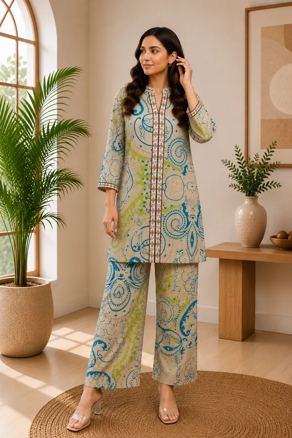 Gold_Blue_Paisley_Printed_Silk_Blend_Co-Ord_Set_for_Women