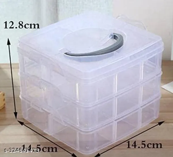 White_3_Layers_18_Grid_Plastic_Transparent_Jewelry/Makeup/Cosmetic_Storage_Box_Portable_Jewelry_Box_Accessories_For_Earrings_Ring_(Pack_Of_3)