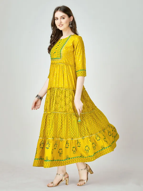 Yellow::Green_&_Yellow_Yellow_&_Green_Self_Design_Anarkali_Kurta_For_Women