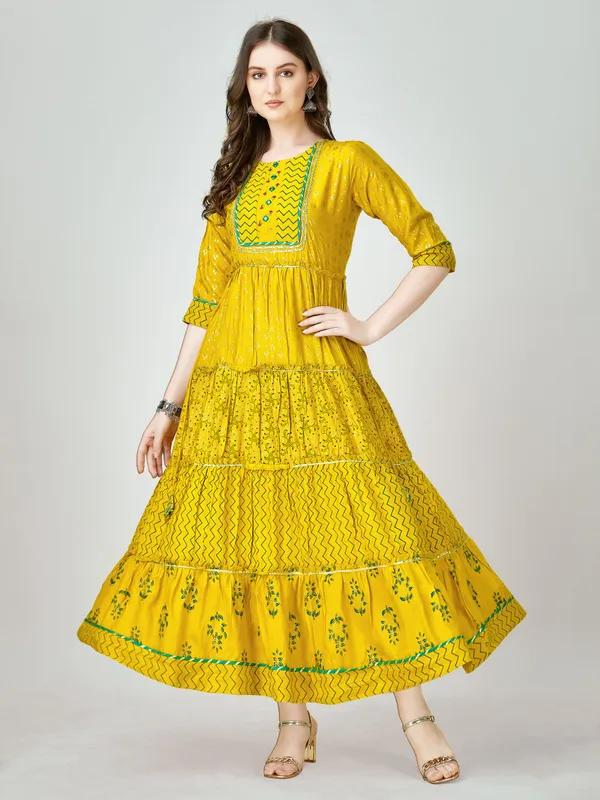 Yellow::Green_&_Yellow_Yellow_&_Green_Self_Design_Anarkali_Kurta_For_Women