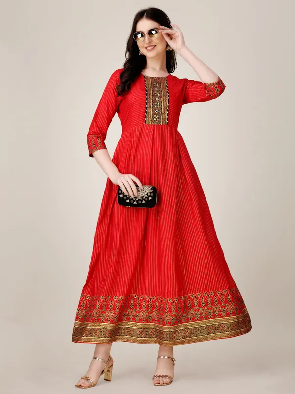 Red::Gold_&_Red_Red_&_Gold_Embroidered_Anarkali_Kurta_For_Women