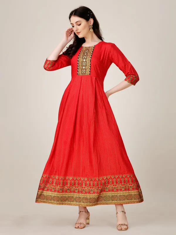 Red::Gold_&_Red_Red_&_Gold_Embroidered_Anarkali_Kurta_For_Women