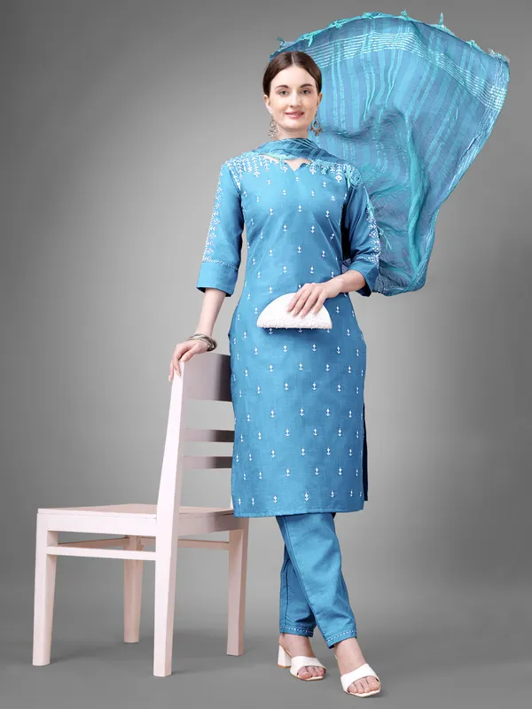 Light_Blue_&_Sky_Blue_Kurta_Pant_Dupatta_Set_For_Women