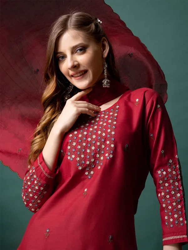 Maroon_Kurta_Pant_Dupatta_Set_For_Women