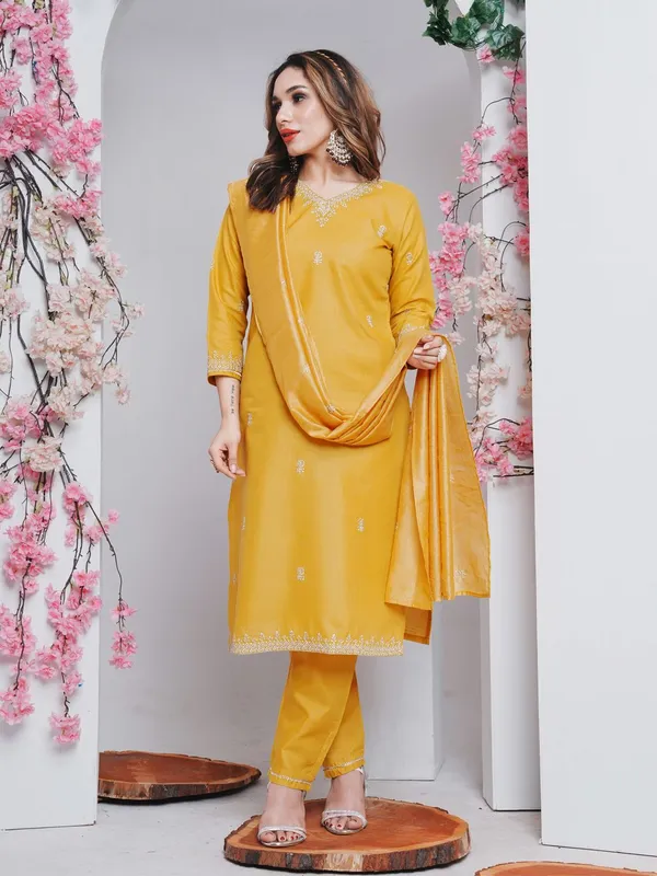 Yellow_&_Golden_Kurti_Pant_Dupatta_Set_For_Women