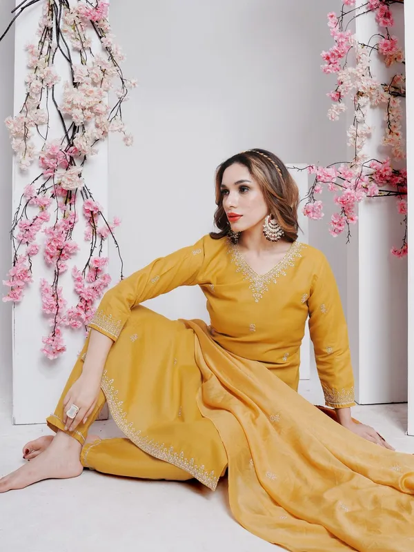 Yellow_&_Golden_Kurti_Pant_Dupatta_Set_For_Women