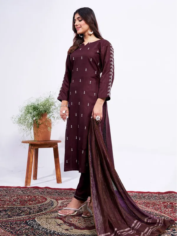 Brown_&_Coffee_Kurta_Pant_Dupatta_Set_For_Women