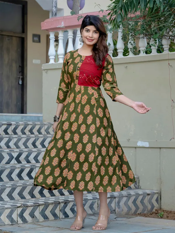 Green_&_Darkgreen_Green_Printed_A-line_Kurta_For_Women