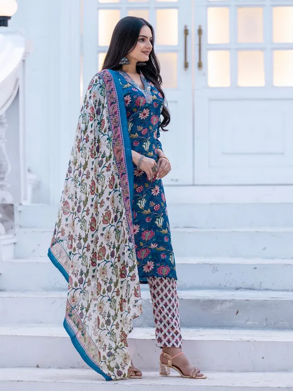 Multicolor_&_Navy_Blue_Kurta_Pant_Dupatta_Set_For_Women
