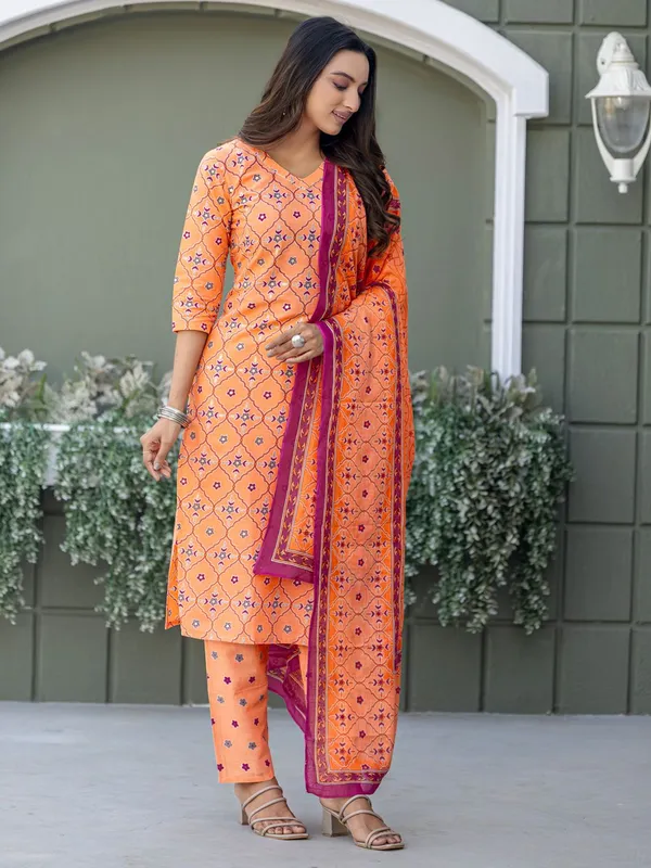 Orange_&_Coral_Kurti_Pant_Dupatta_Set_For_Women
