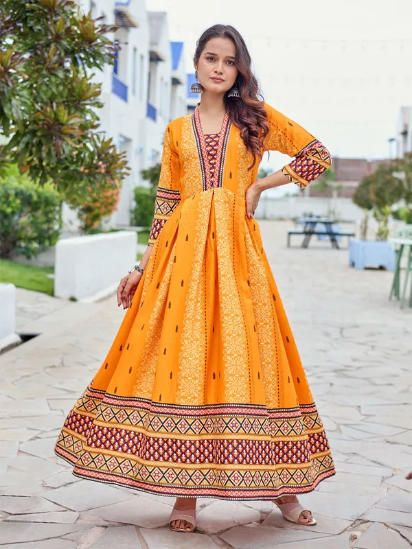 Orange::Multicolor_&_Orange_Orange_&_Multicolor_Printed_Anarkali_Kurta_For_Women