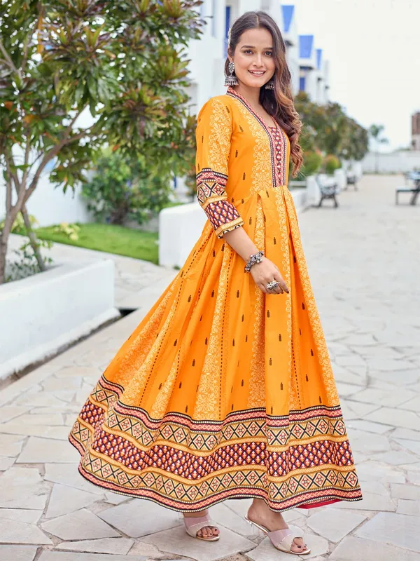 Orange::Multicolor_&_Orange_Orange_&_Multicolor_Printed_Anarkali_Kurta_For_Women